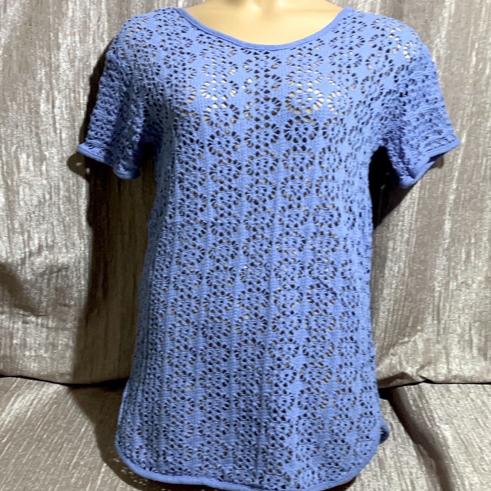 Leisure Life Top Blouse Blue M Stretchy Pullover Short Sleeve Swimsuit Cover